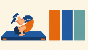 体操マットの上で前転する子どもと、高さのほぼそろった3本の棒グラフのイラスト